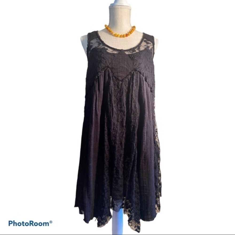 Free People Black Lace-Trim Swing Dress